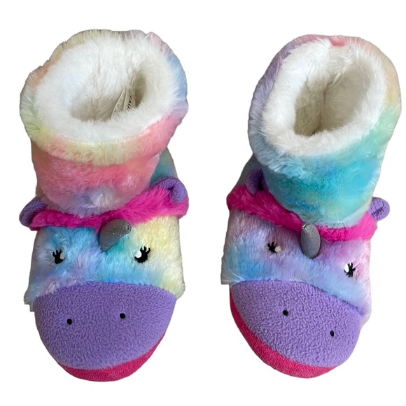totes Other - TOTES Girls UEC Slippers Fuzzy Unicorn Rainbow faux Fur Pink White Sparkly Horn